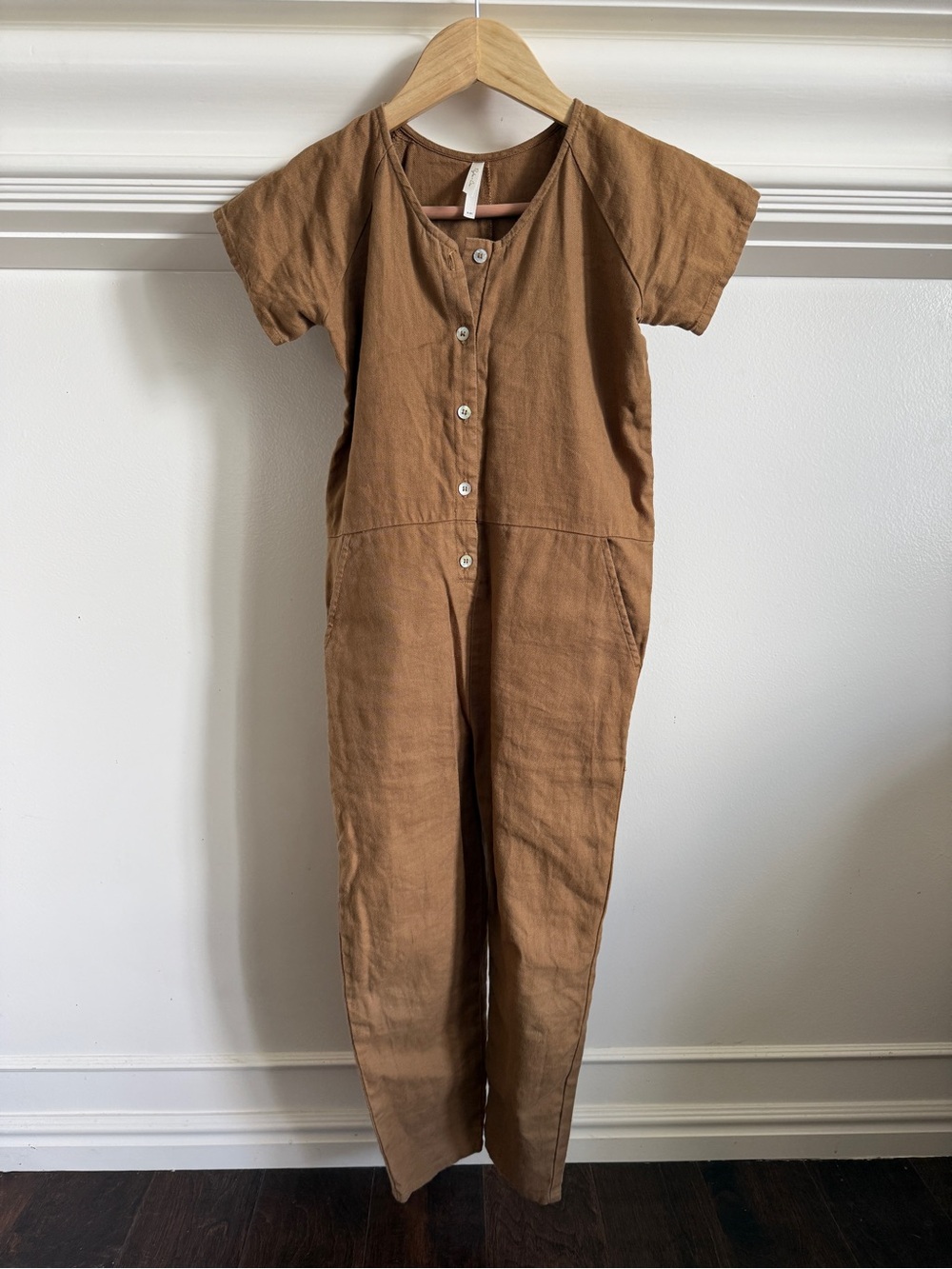 Rylee + Cru Short-Sleeve Brown Linen Jumpsuit